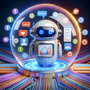A seamless connection between HelpBot and a CRM system, with data flowing smoothly between the two platforms. Icons representing leads, sales opportunities, and customer data could be incorporated to visualize the integration.